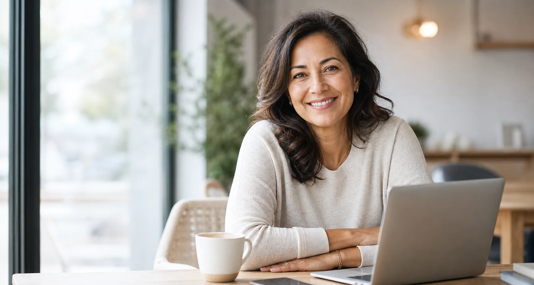 Smiling woman seated in a bright cafe with a laptop